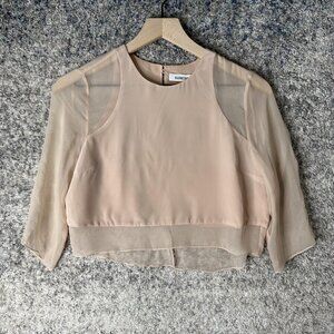 Elizabeth and James Shirt Womens Small Beige‎ Silk Sheer Sleeves Cropped Blouse